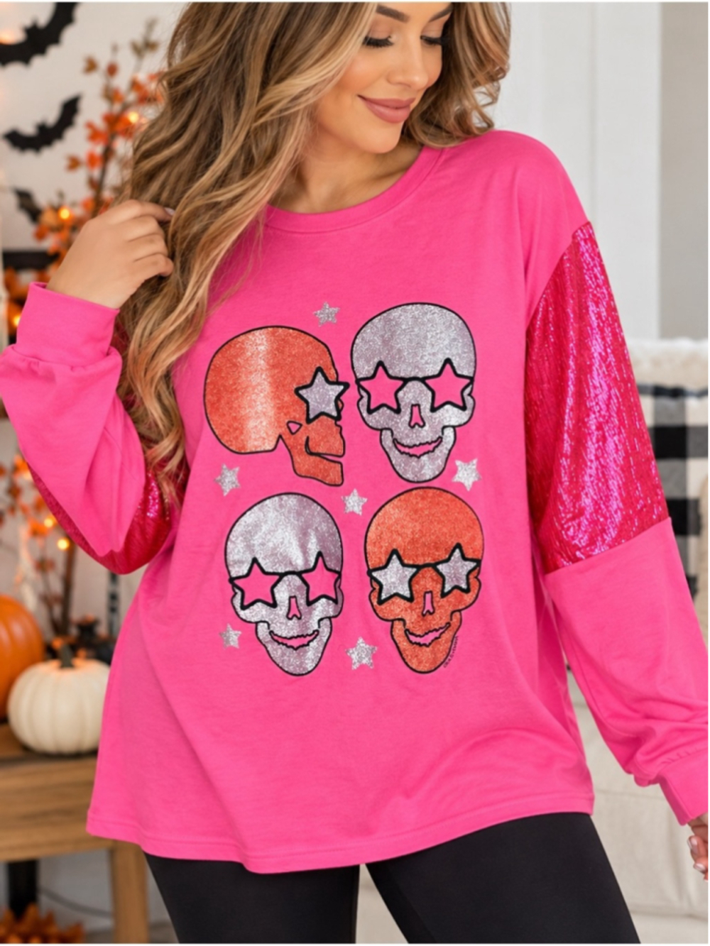 NWT Grace + Emma Candy Skull Glitter Star Pink Sequin Sleeve Top L and XL